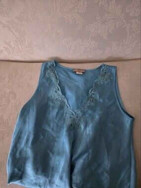 Silk-Feel Lace Trim Chemise - Blue